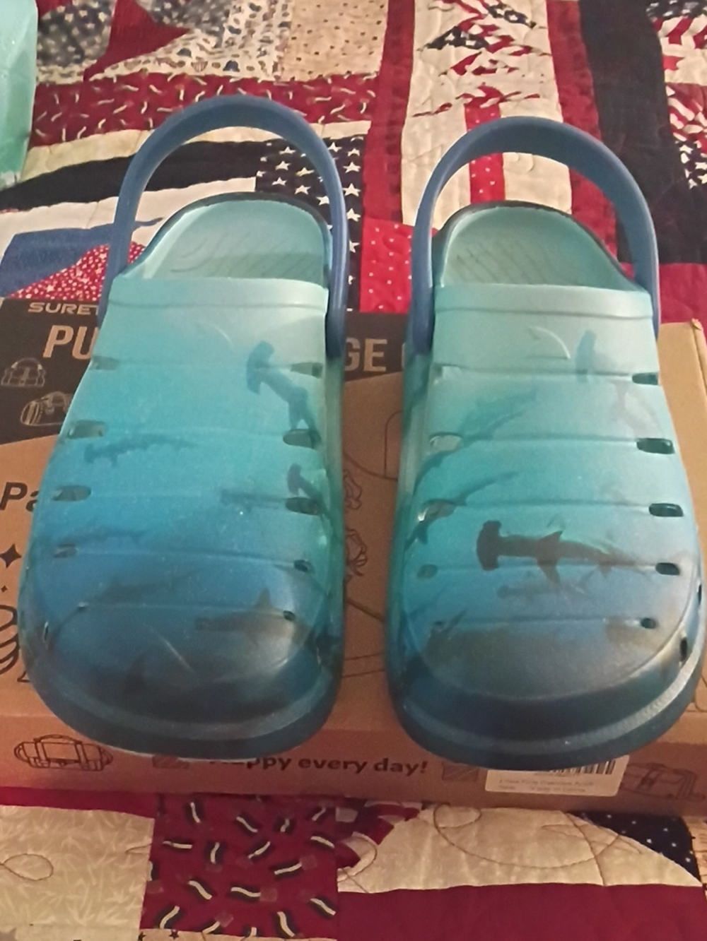 Aqua Blue Gradient Shark Print Slip-On Clogs